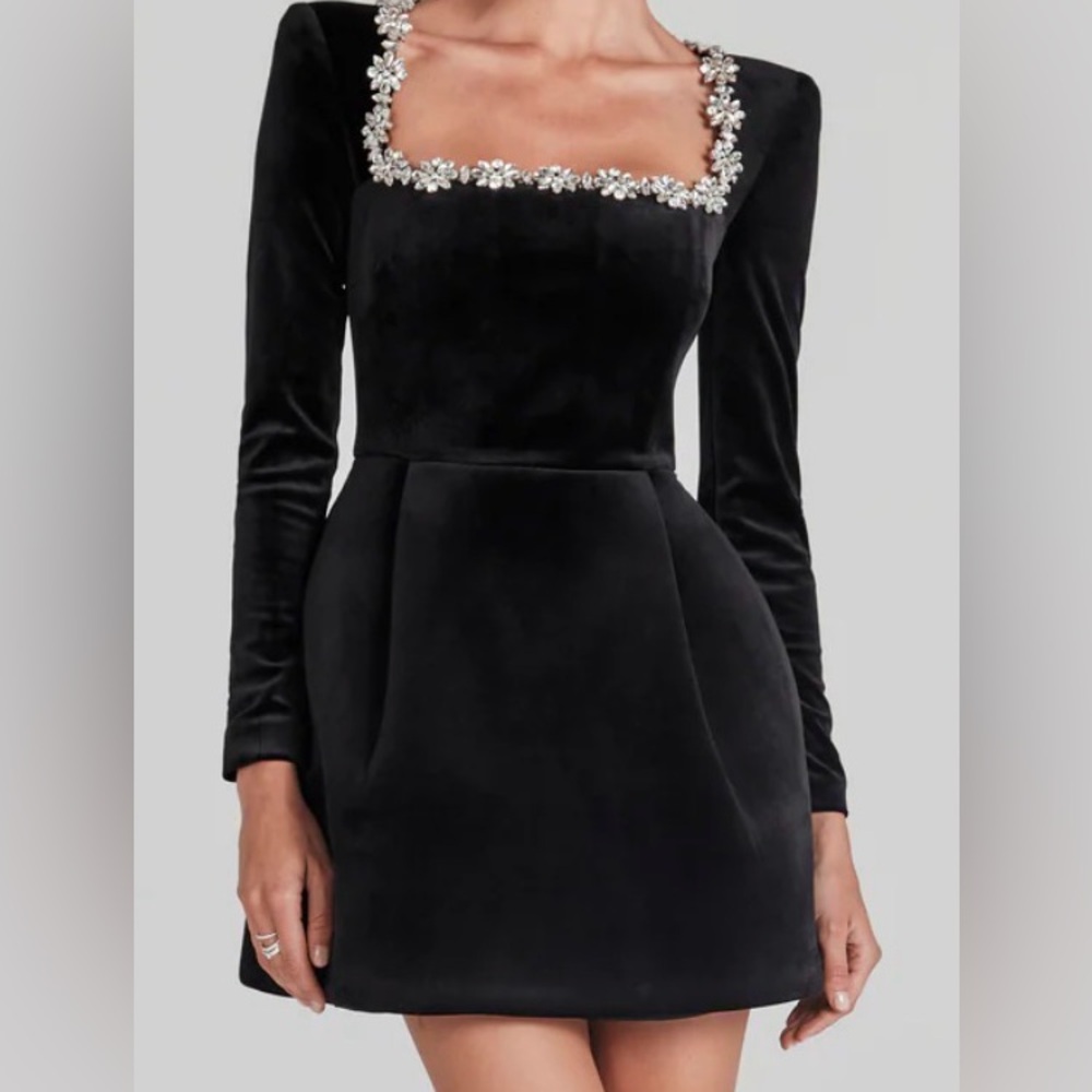Embellished Square Neck Black Velvet Mini Dress Size 8